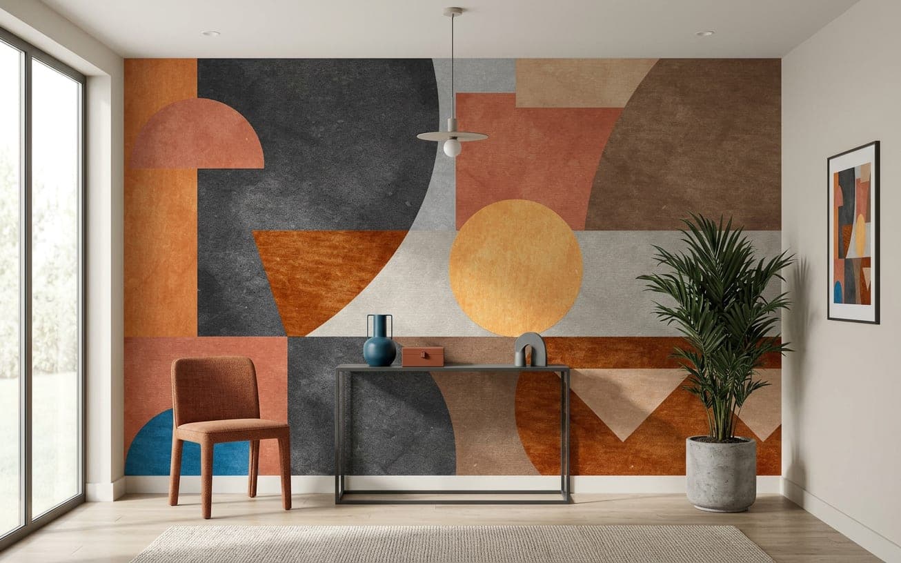 geometrisch behang retro aardetinten hal accentmuur