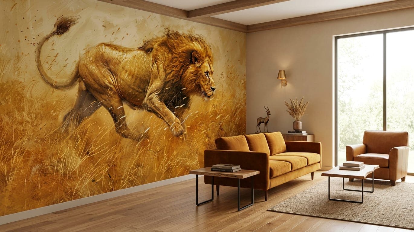 savanne leeuw behang goudgeel woonkamer boekenplank