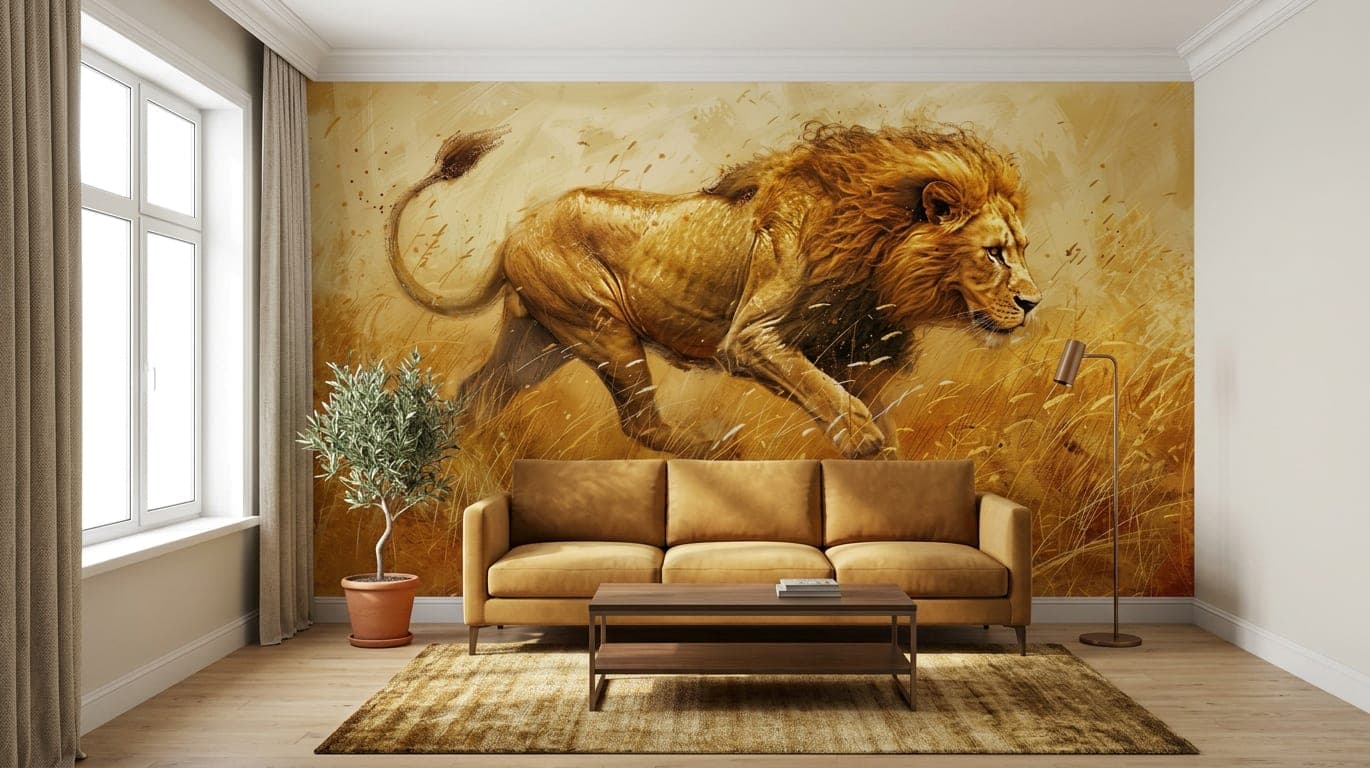savanne leeuw gouden grasstructuur behang