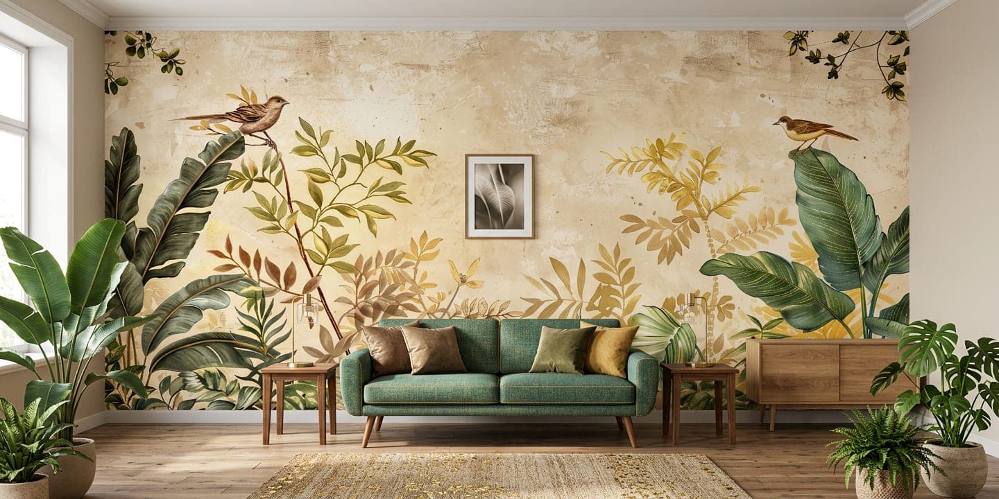 botanisch behang vogels woonkamer warme tint groen beige