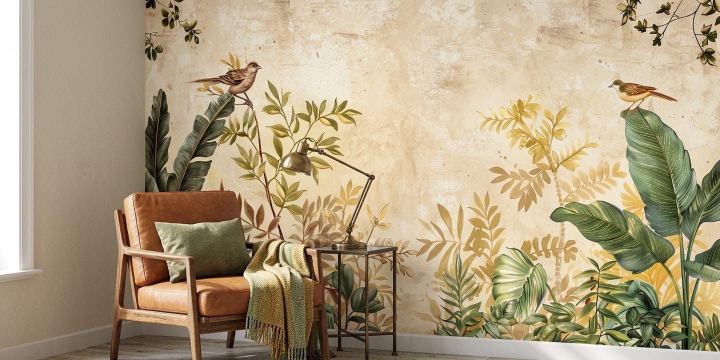 botanisch behang vogels product los design groen beige