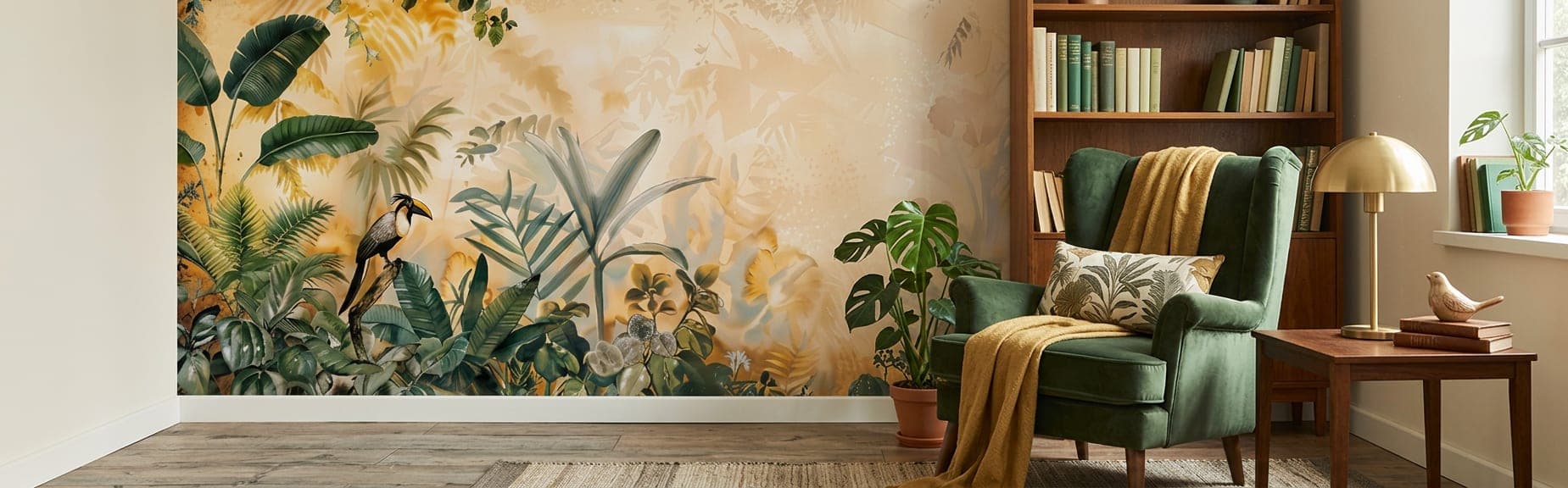 jungle behang warmgeel woonkamer groene fauteuil planten