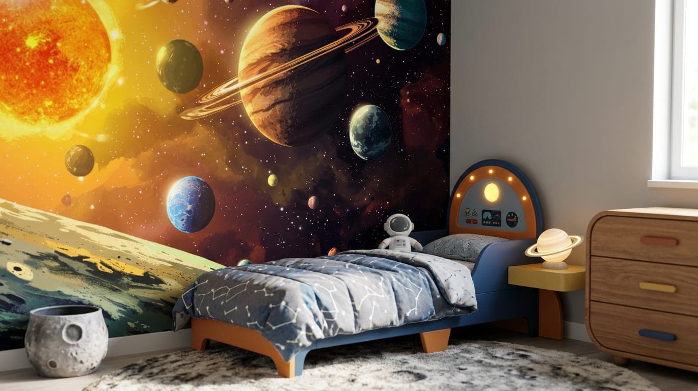 planeten behang kinderkamer zonnestelsel geel oranje blauw mural