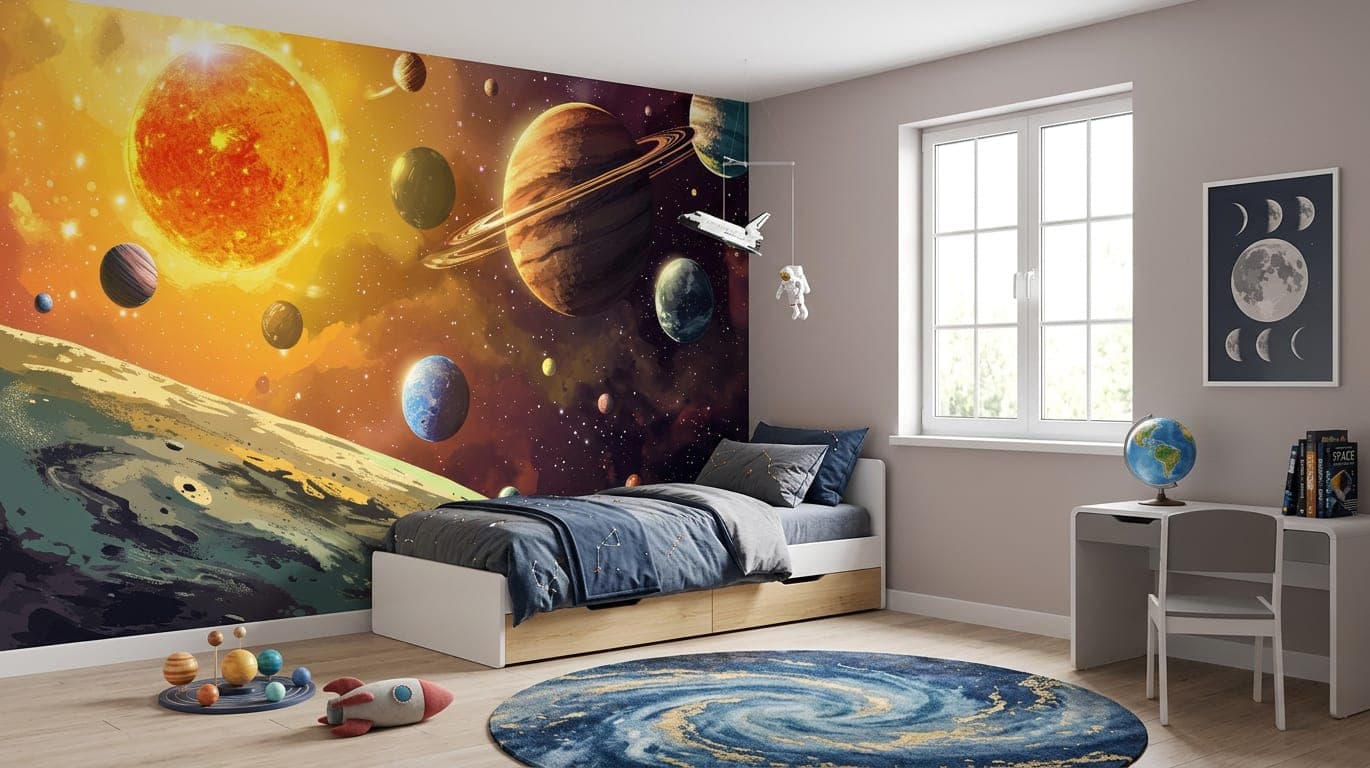 planeten behang kinderkamer geel oranje blauwe accenten decoratief mural