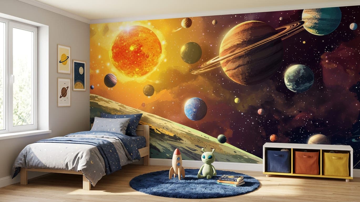 planeten warme gloed en diepe ruimte behang in blauw en geel — naadloos op maat geprint