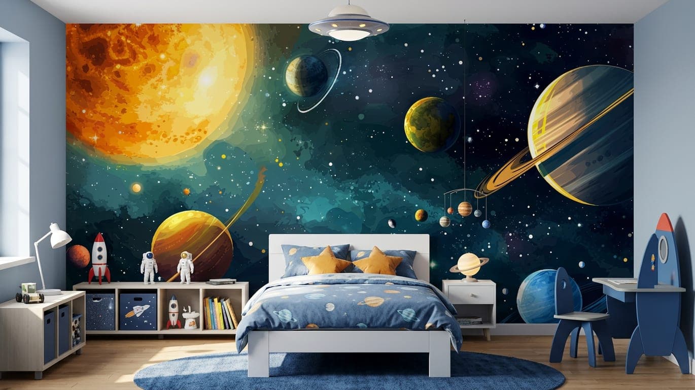 ruimte behang kinderkamer nachtblauw planeten mural design