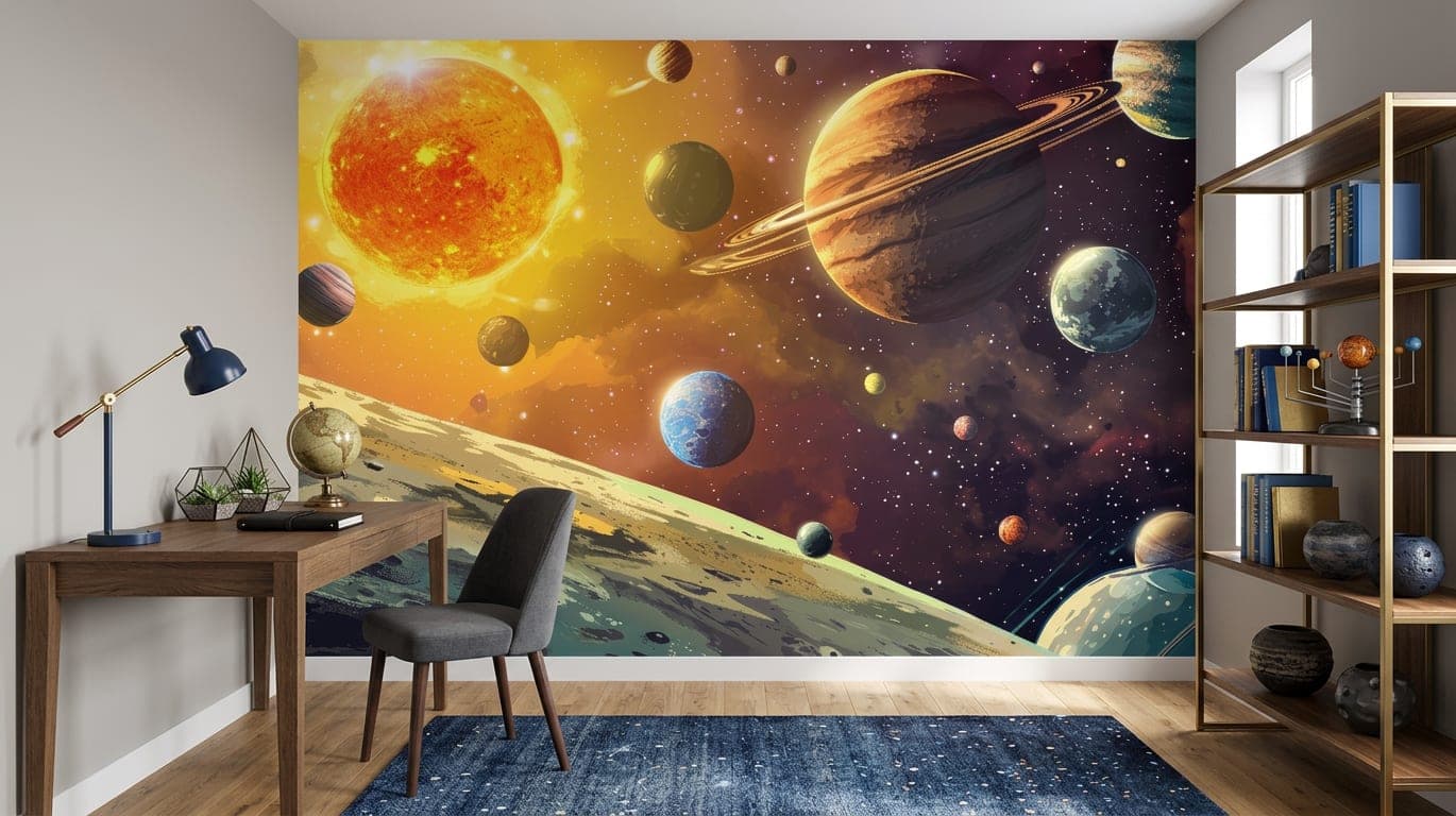 planeten behang product geel oranje blauwe ruimte illustratie mural