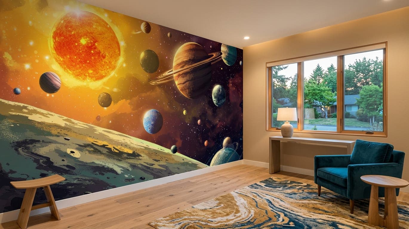 planeten behang kantoor geel oranje blauw design wanddecoratie mural