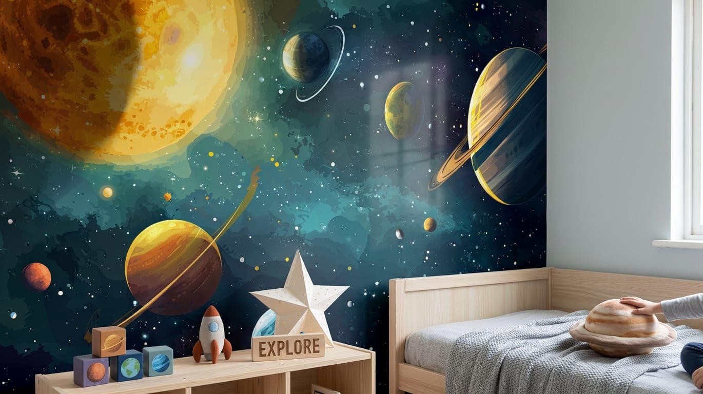 ruimte behang alleen motief planeten diepblauwe achtergrond