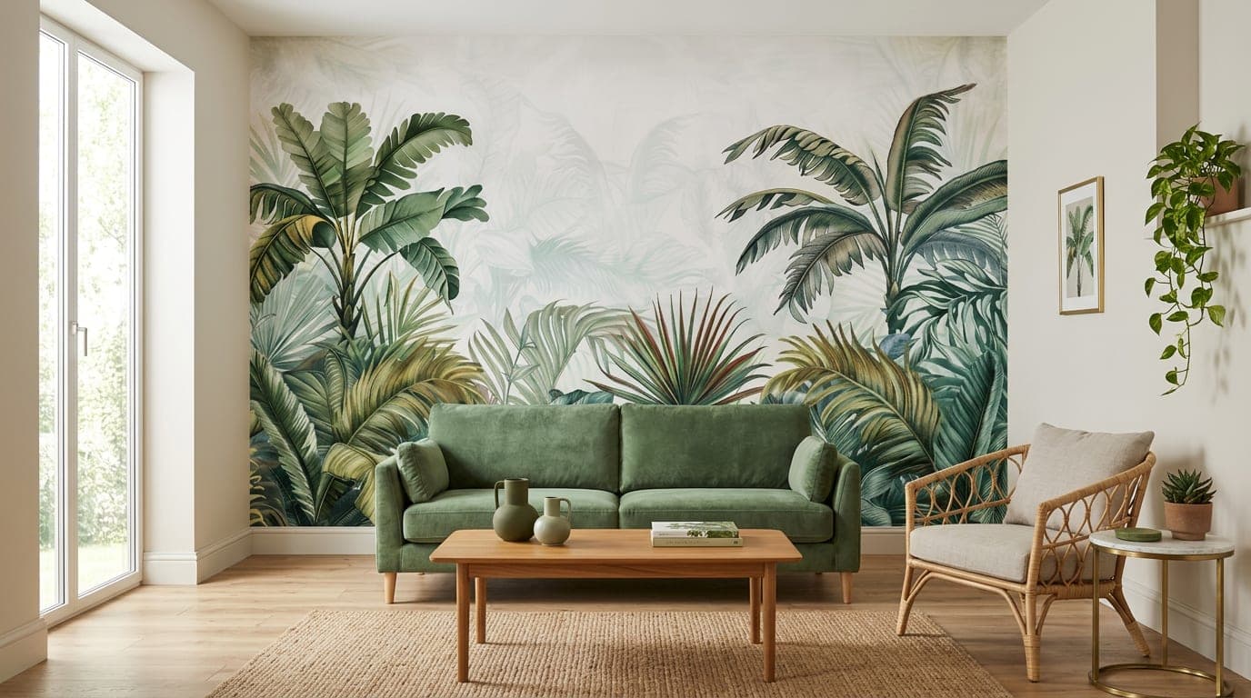 jungle behang woonkamer modern zacht groen natuurdesign