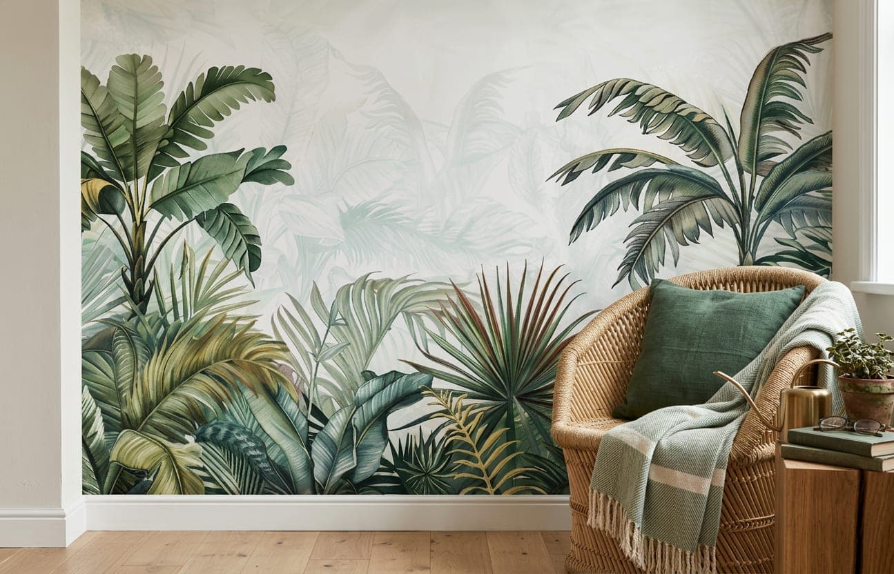 jungle behang product close-up motief groen wit tinten