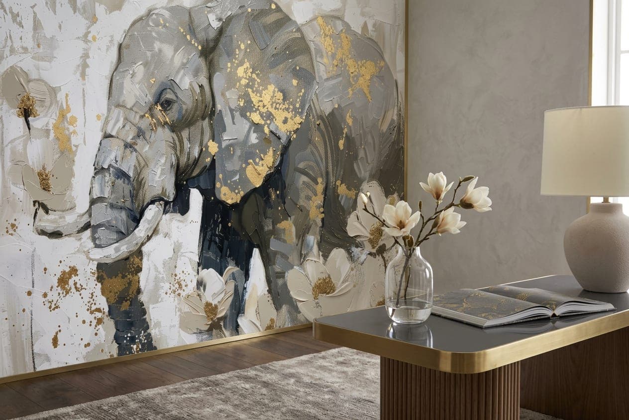 dieren behang olifant goud hal setting creme tinten modern