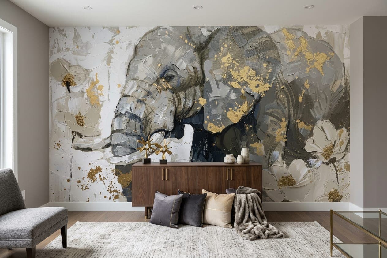 dieren behang olifant goud woonkamer modern licht interieur grijs bankstel