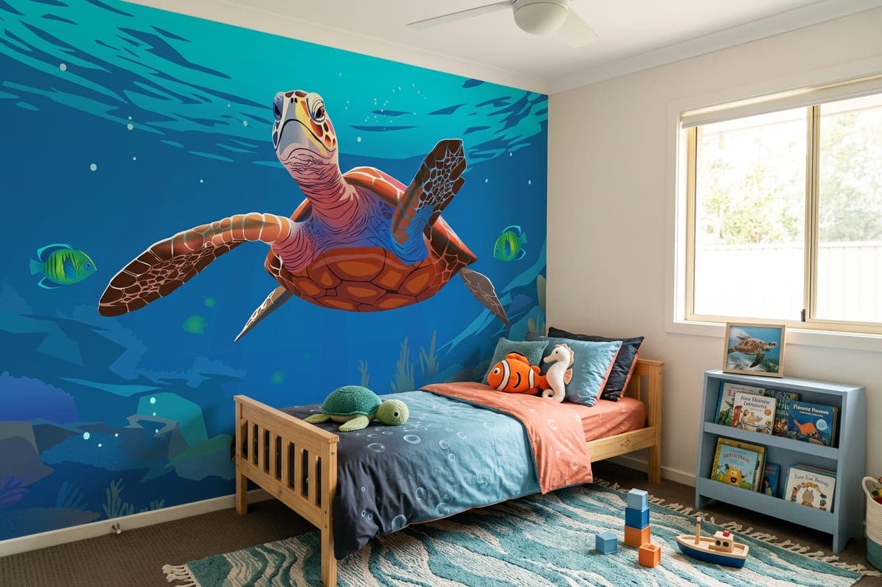 zeedieren behang schildpad aqua kinderkamer bed inspiratie idee blauw