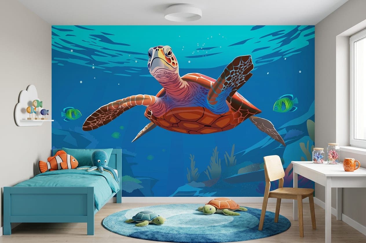 zeedieren behang schildpad aqua kinderkamer groot zeeleven inspiratie aquablauw