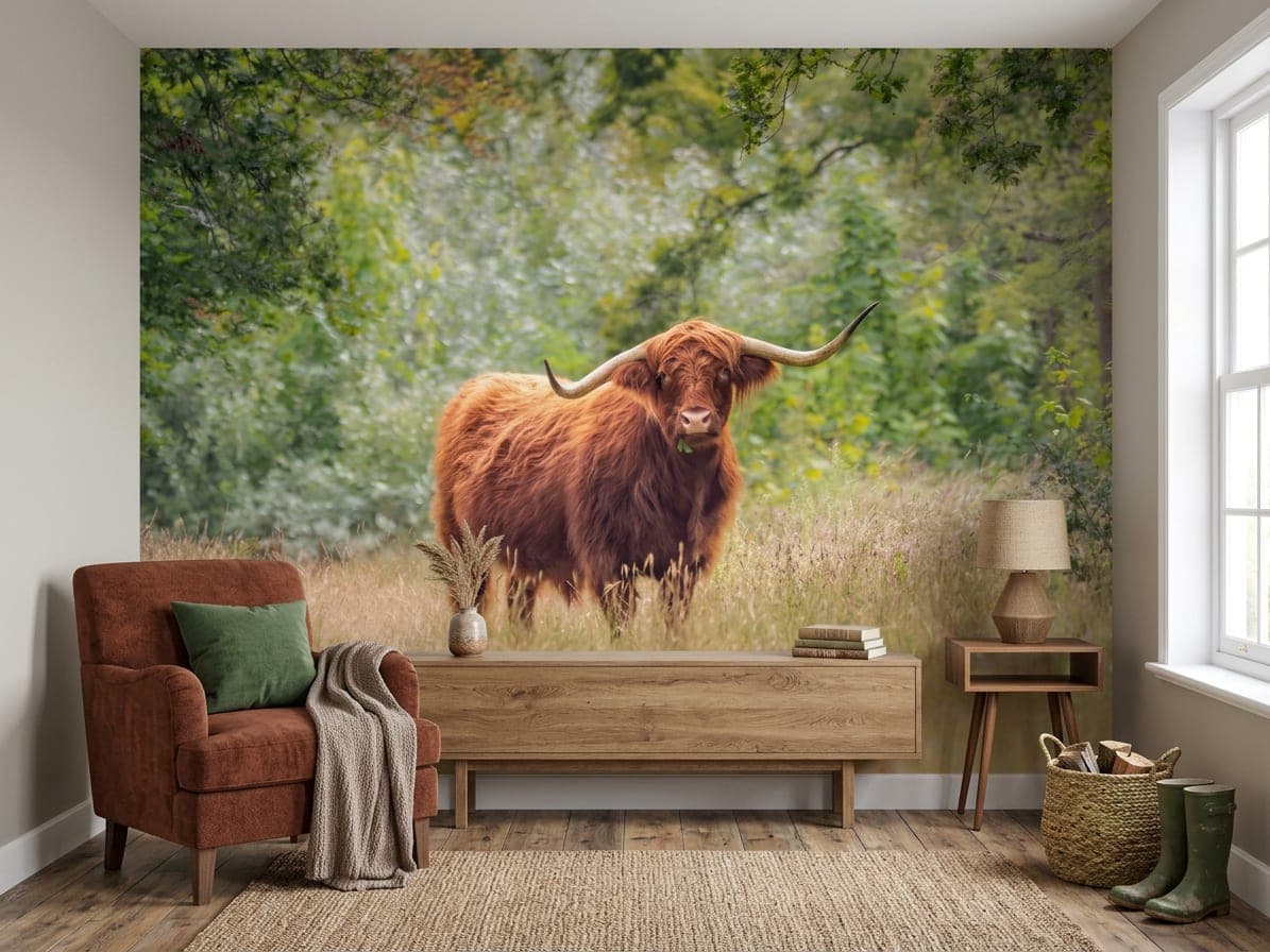 hooglander natuur behang woonkamer scandinavisch hout meubelen groen tinten