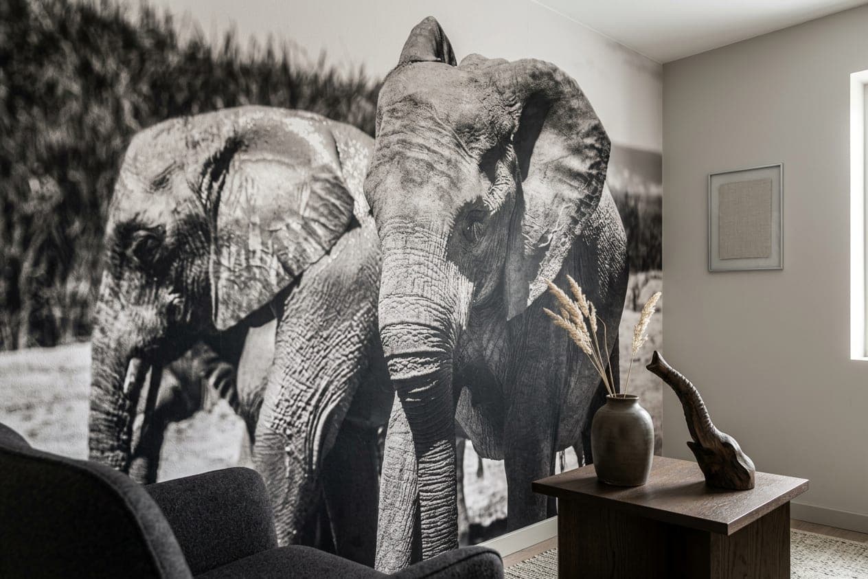 dieren behang olifant zwartwit product close-up design grijs tinten savanne