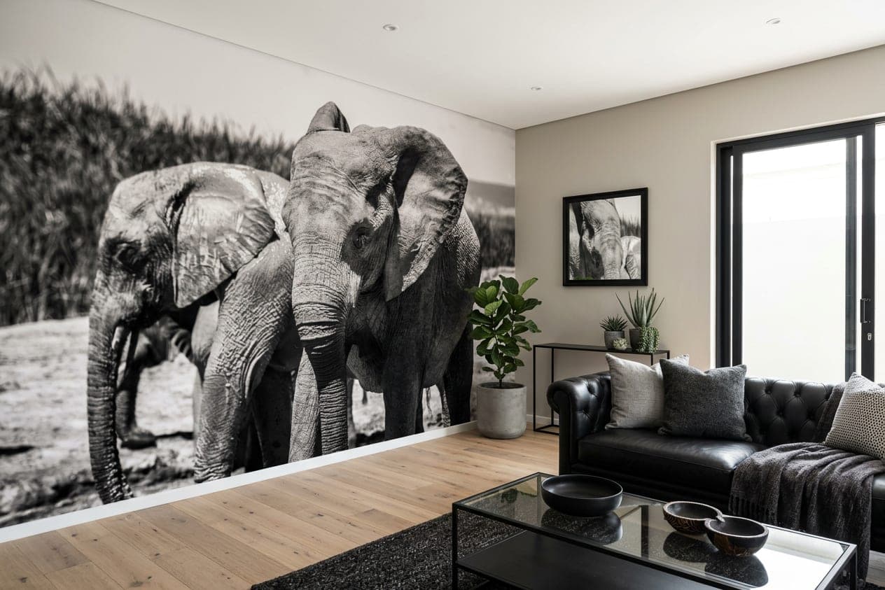 olifanten fotobehang modern woonkamer sfeer grijs wit minimalistisch design interieur