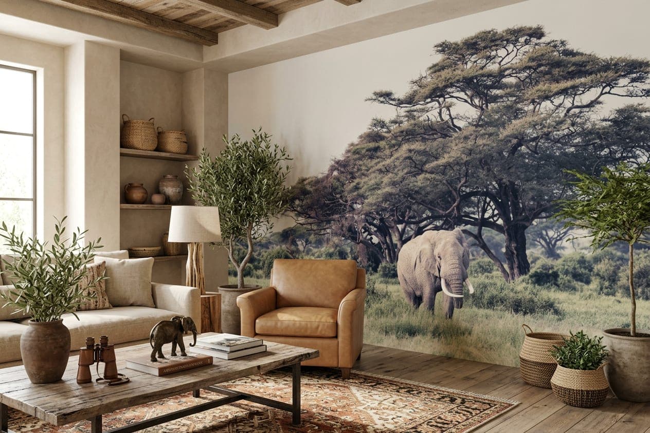 Fotobehang Savanne met Olifant en Acaciabomen in Zachte Nevel