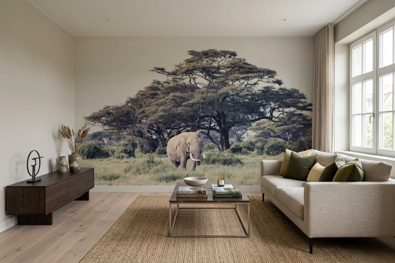 savanne behang olifant woonkamer lichtgroene accenten