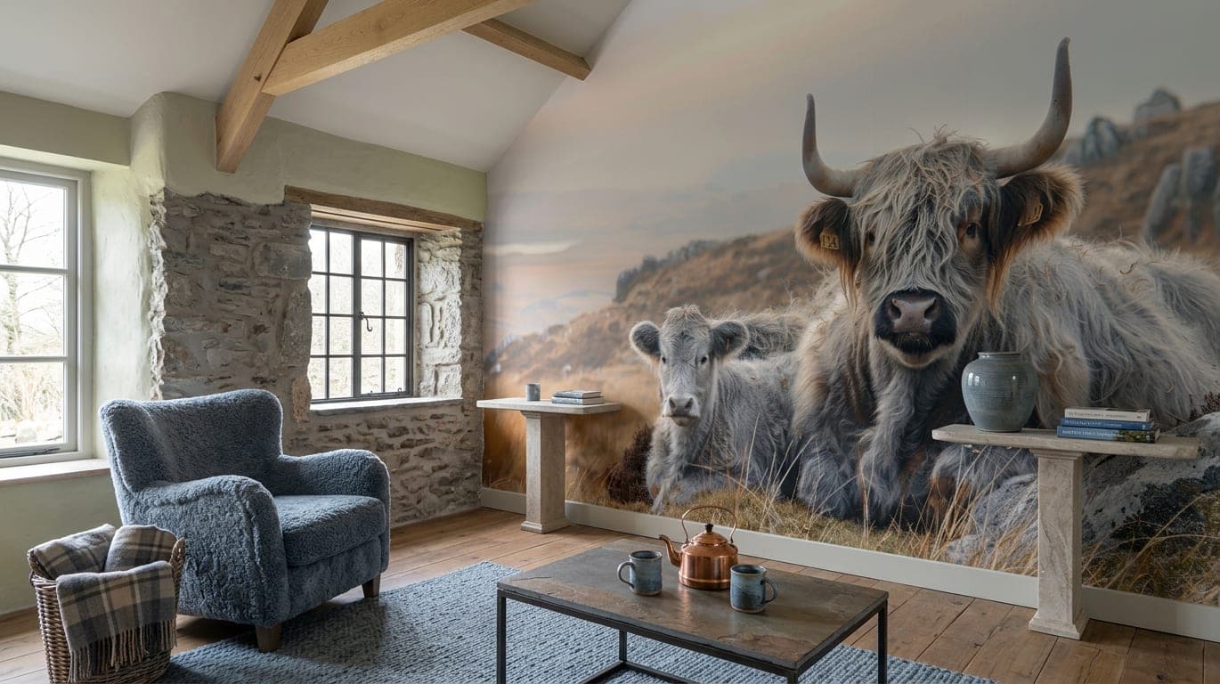 Fotobehang Hooglanders in Mistig Goudbruin Schots Landschap