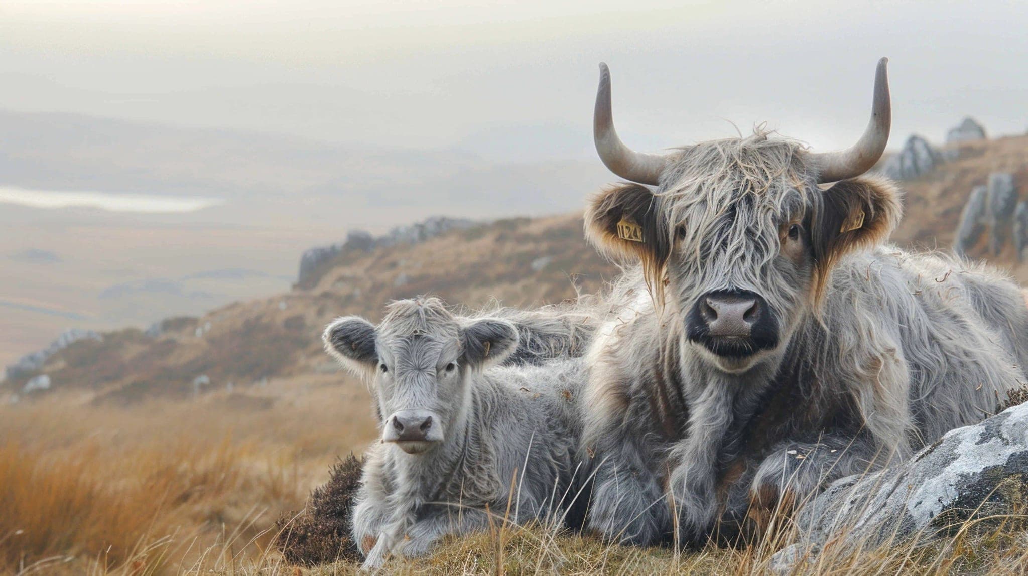 Fotobehang Hooglanders in Mistig Goudbruin Schots Landschap