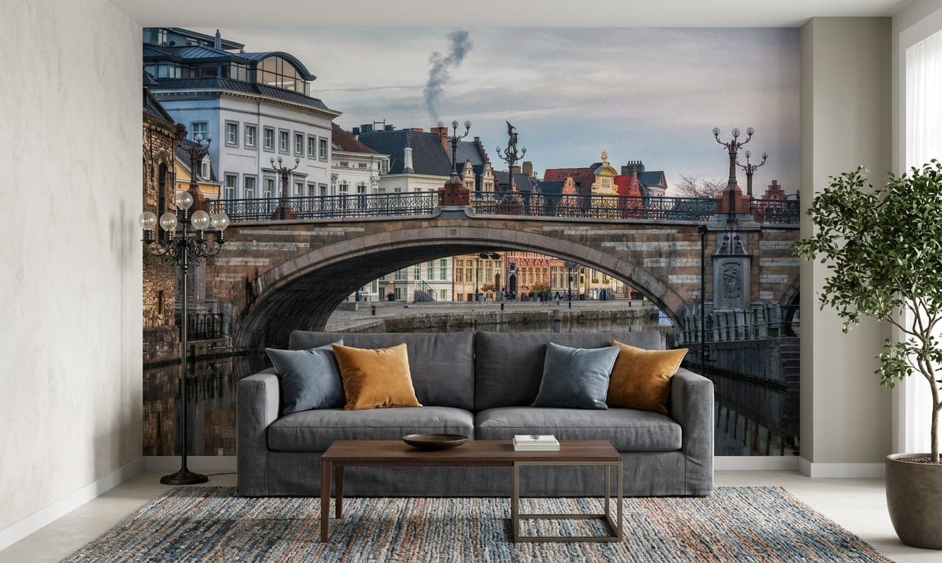 historische brug gent ochtendlicht behang op maat in grijs