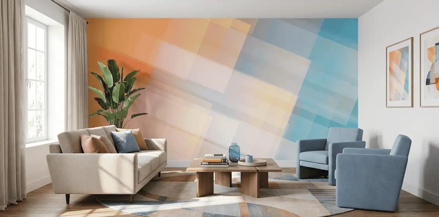 abstracte vakken zacht oranje en blauw behang op maat in beige