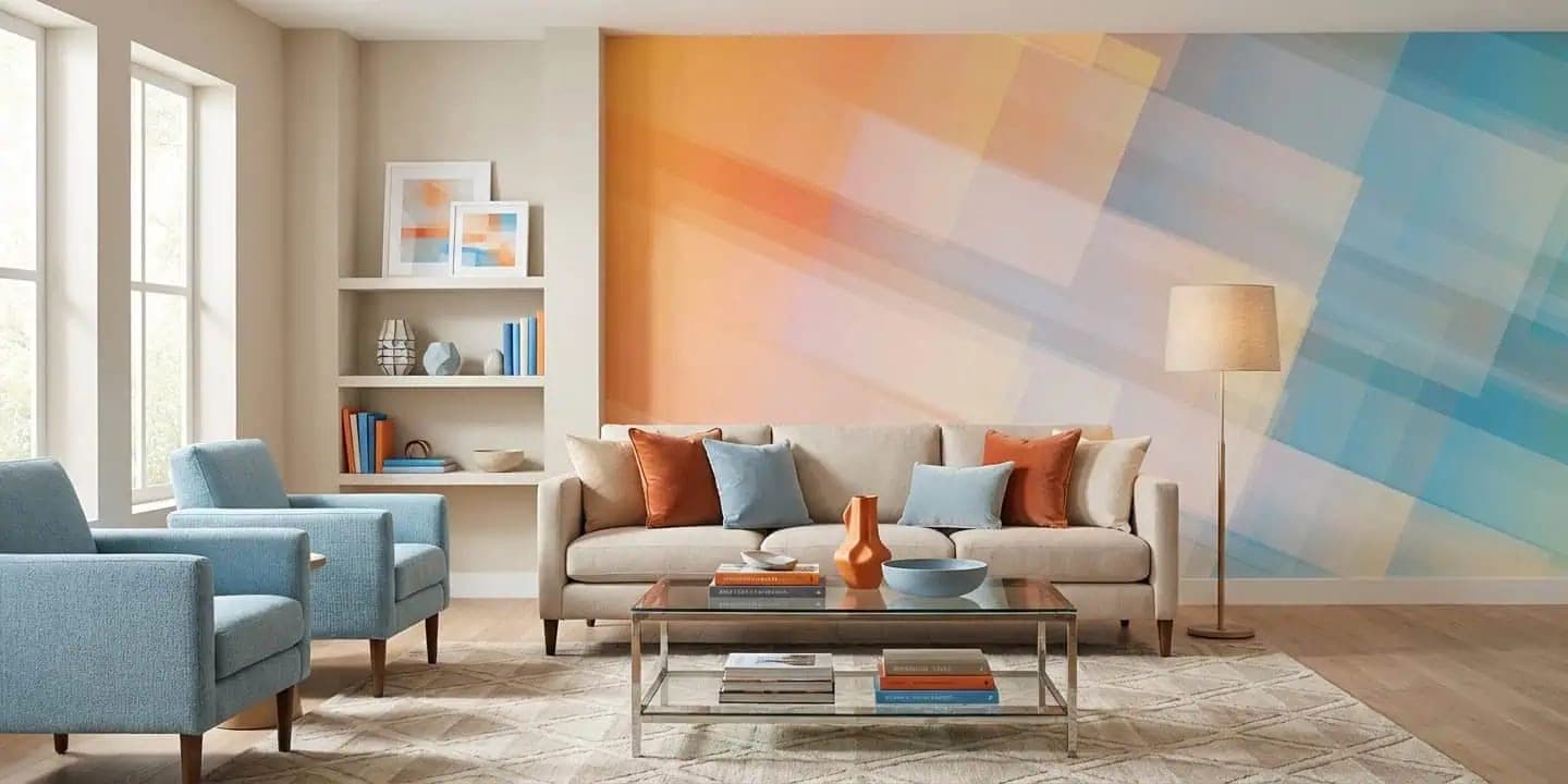 naadloos abstracte vakken zacht oranje en blauw behang op maat