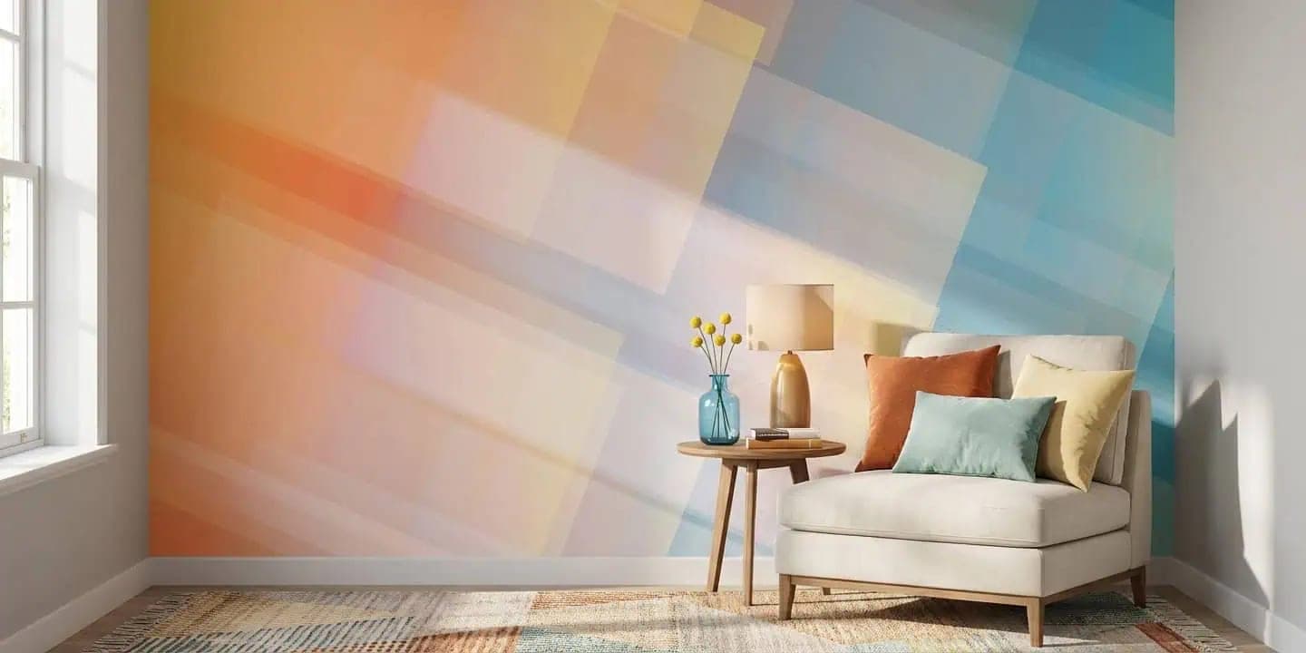 abstracte vakken zacht oranje en blauw behang in beige — naadloos op maat geprint