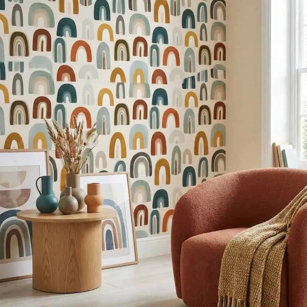 naadloos abstract regenboog teal, oker en roest op crème behang op maat