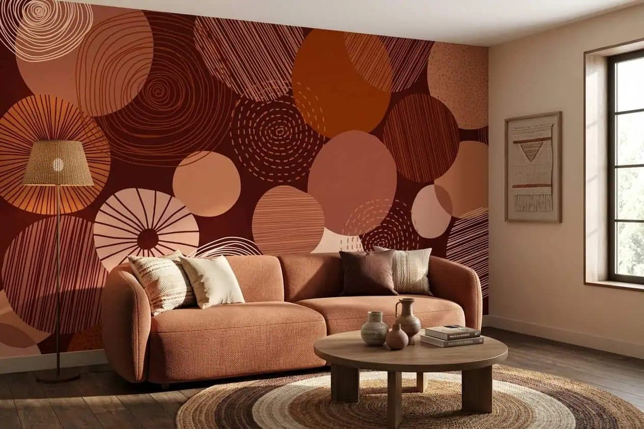 abstracte cirkels warme terracotta tinten behang op maat in bruin