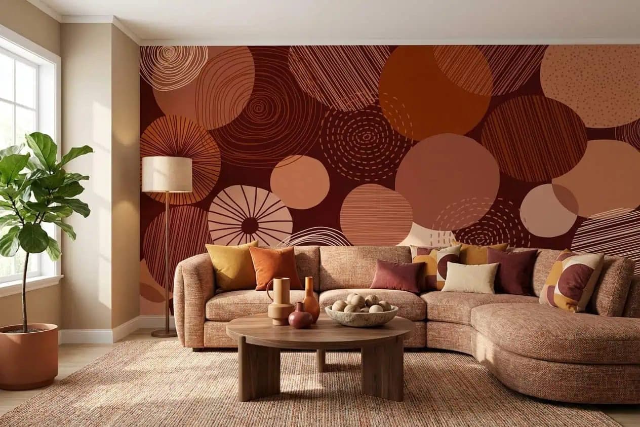 naadloos abstracte cirkels warme terracotta tinten behang op maat