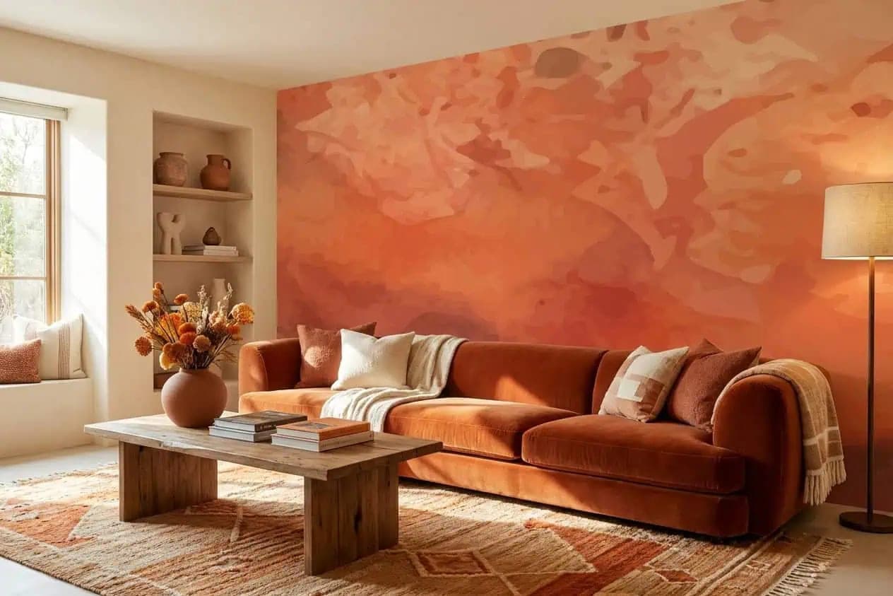 abstracte aquarel warme terracotta tinten behang op maat in bruin