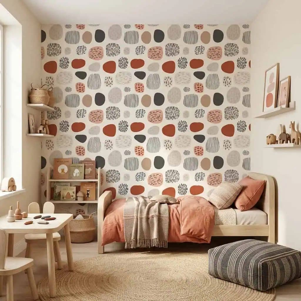 abstract organische vormen terracotta en grijs behang op maat in bruin
