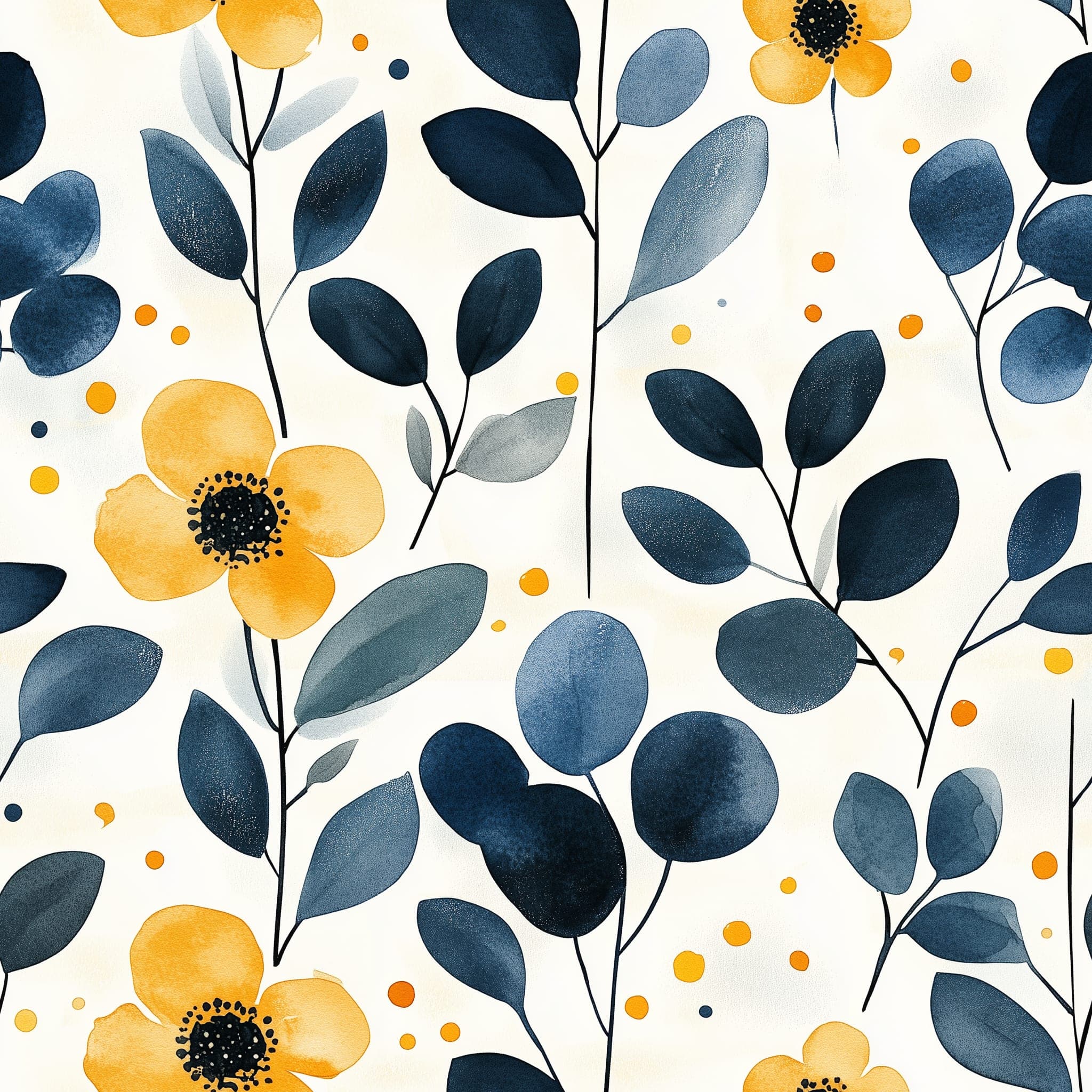 Aquarel Bloemen Behang in Indigo en Geel op Lichte Achtergrond