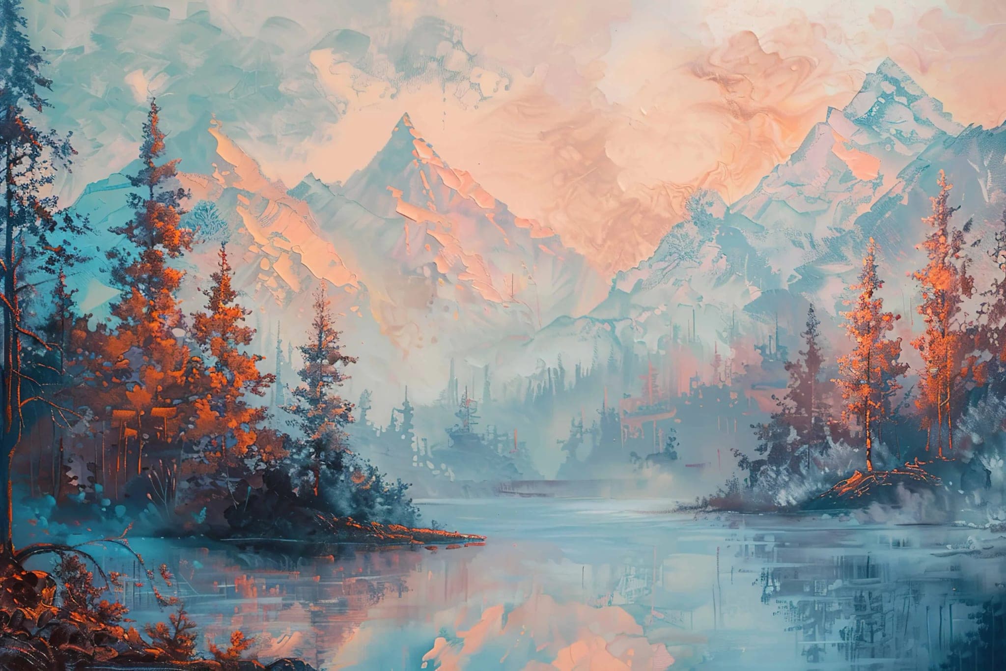 Fotobehang Artistiek Berglandschap in Blauw en Perzik