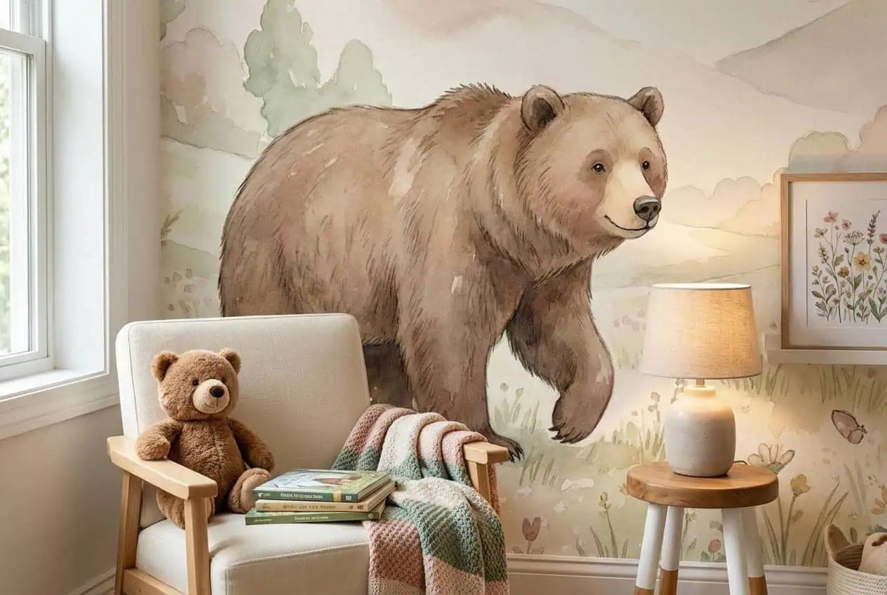 babykamer beer pastelkleurig boslandschap behang op maat