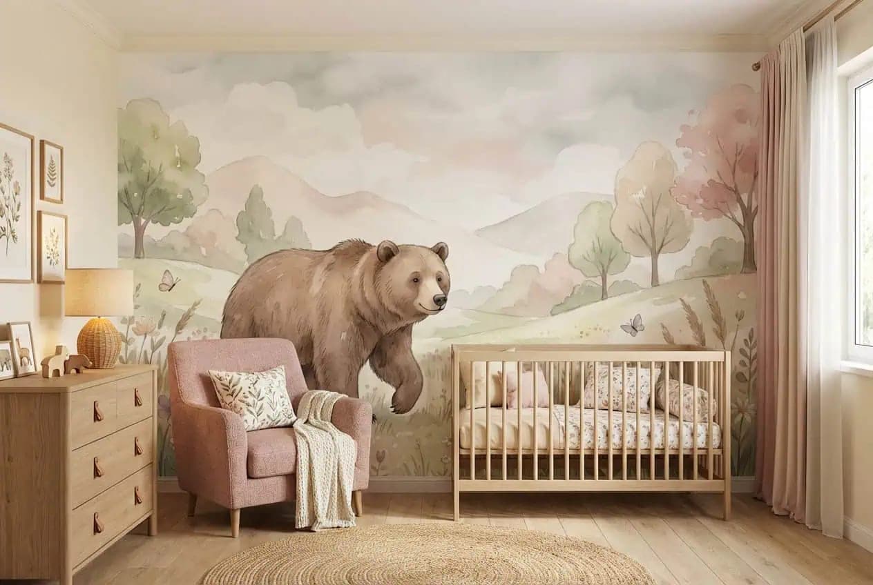 naadloos babykamer beer pastelkleurig boslandschap behang op maat