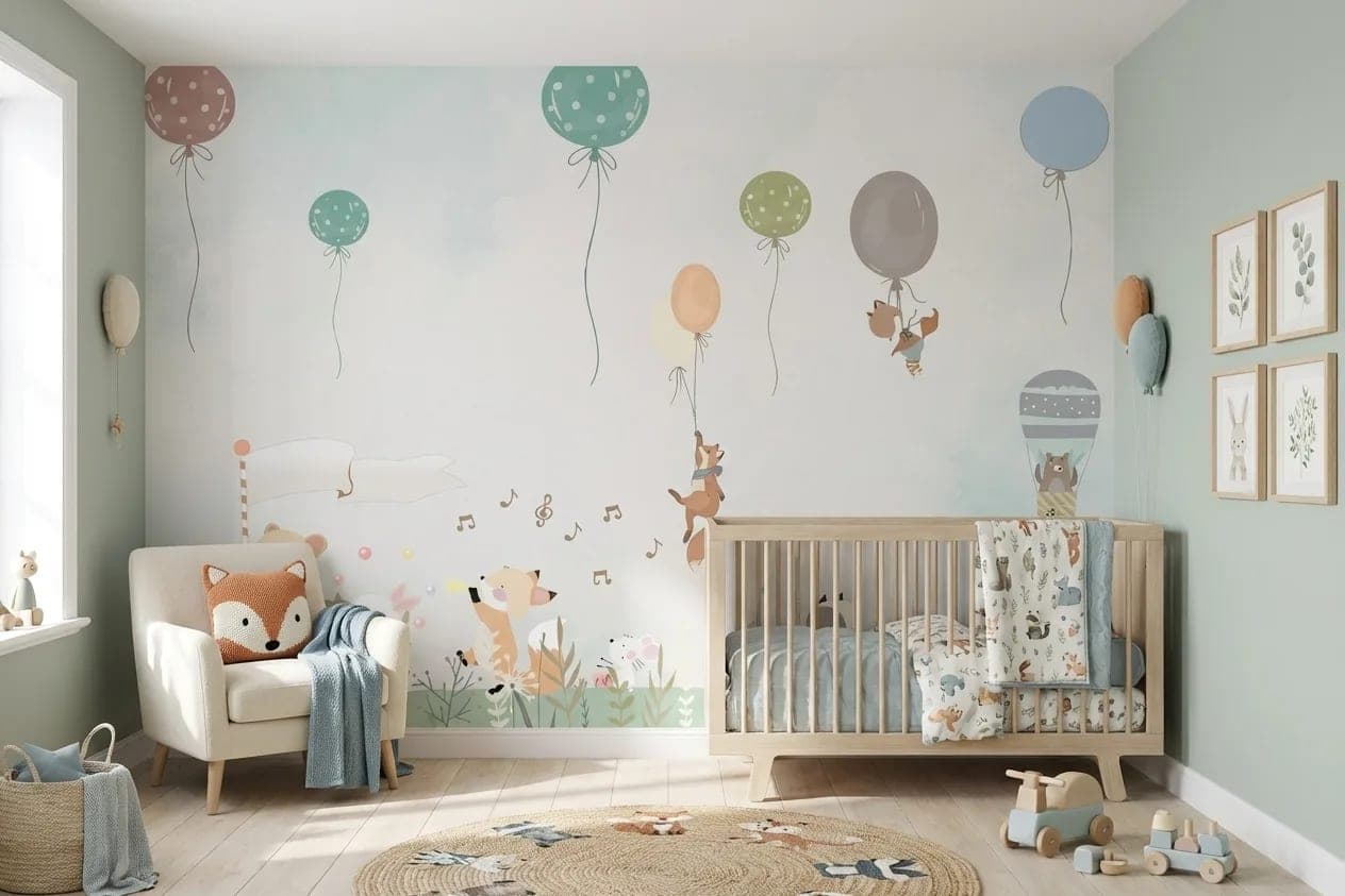 babykamer bosdieren en ballonnen op pastel achtergrond behang op maat
