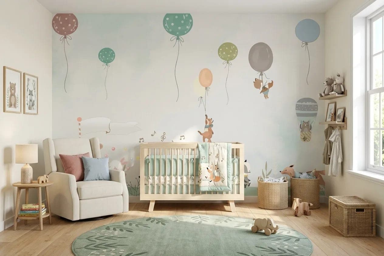 naadloos babykamer bosdieren en ballonnen op pastel achtergrond behang op maat
