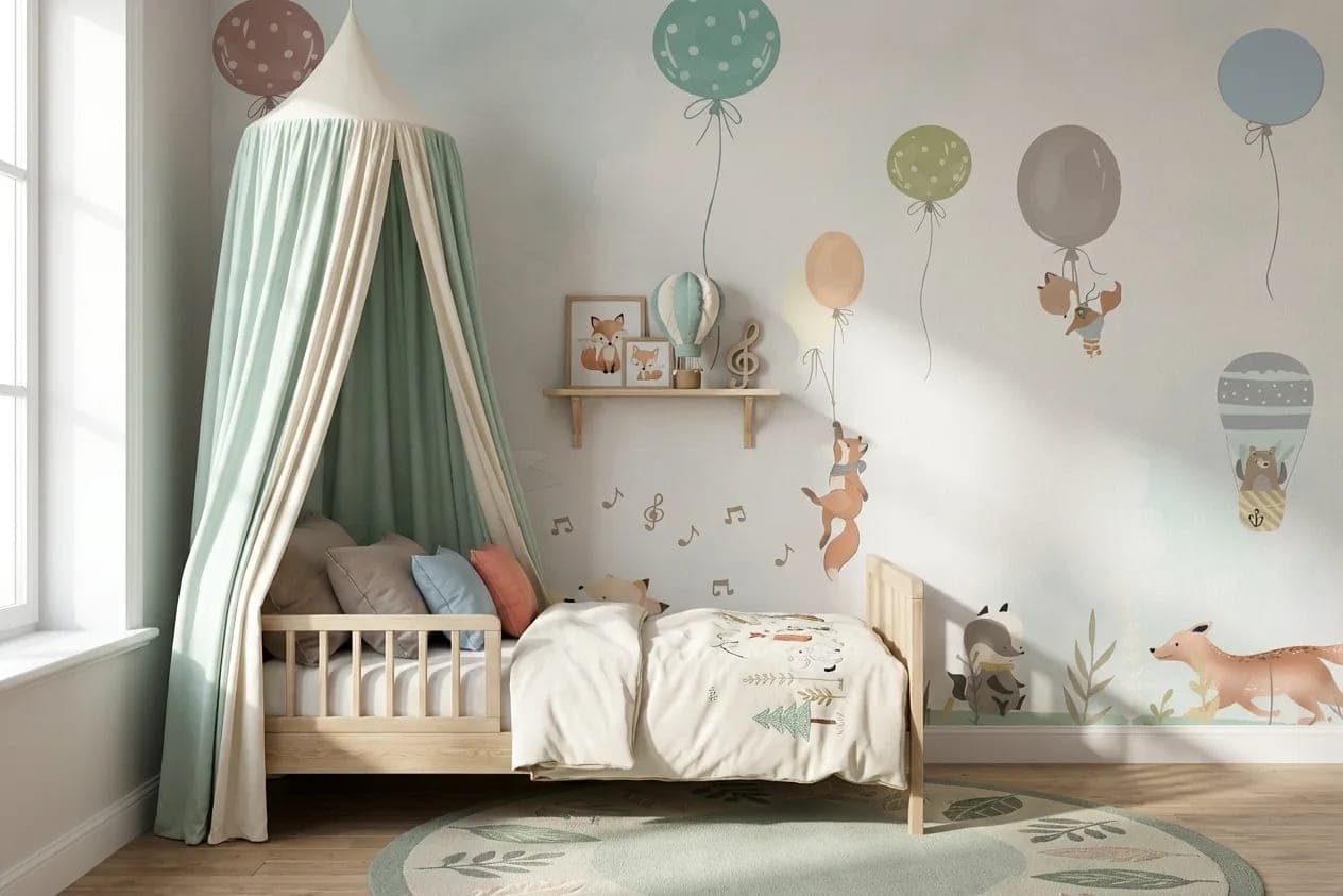 babykamer bosdieren en ballonnen op pastel achtergrond behang — naadloos op maat geprint
