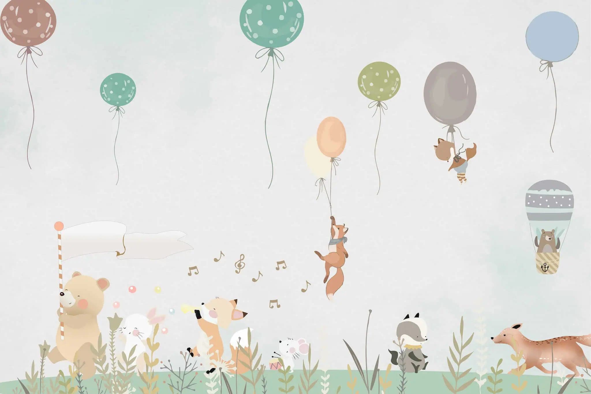 Fotobehang Babykamer met Bosdieren en Ballonnen op Pastel Achtergrond