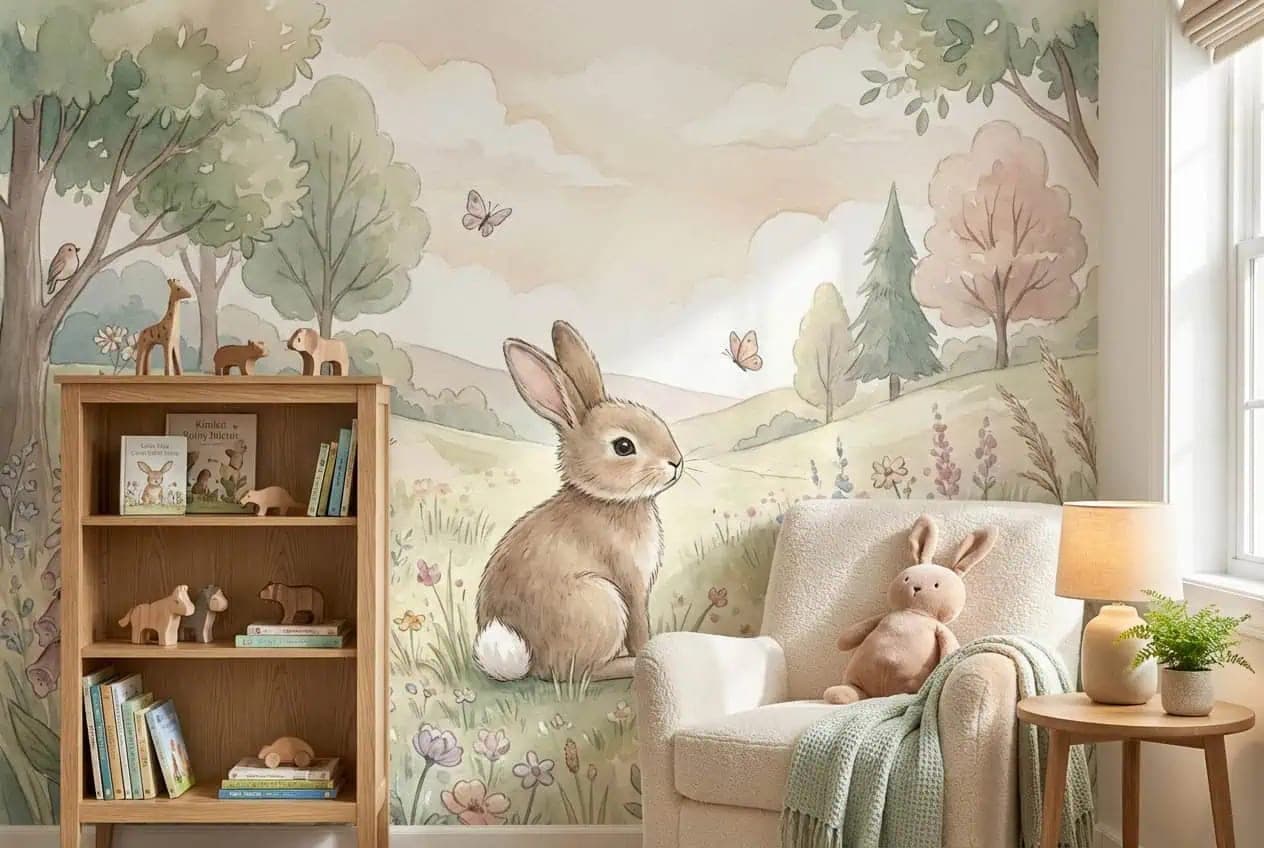 babykamer konijntje pastel bloemenweide behang op maat