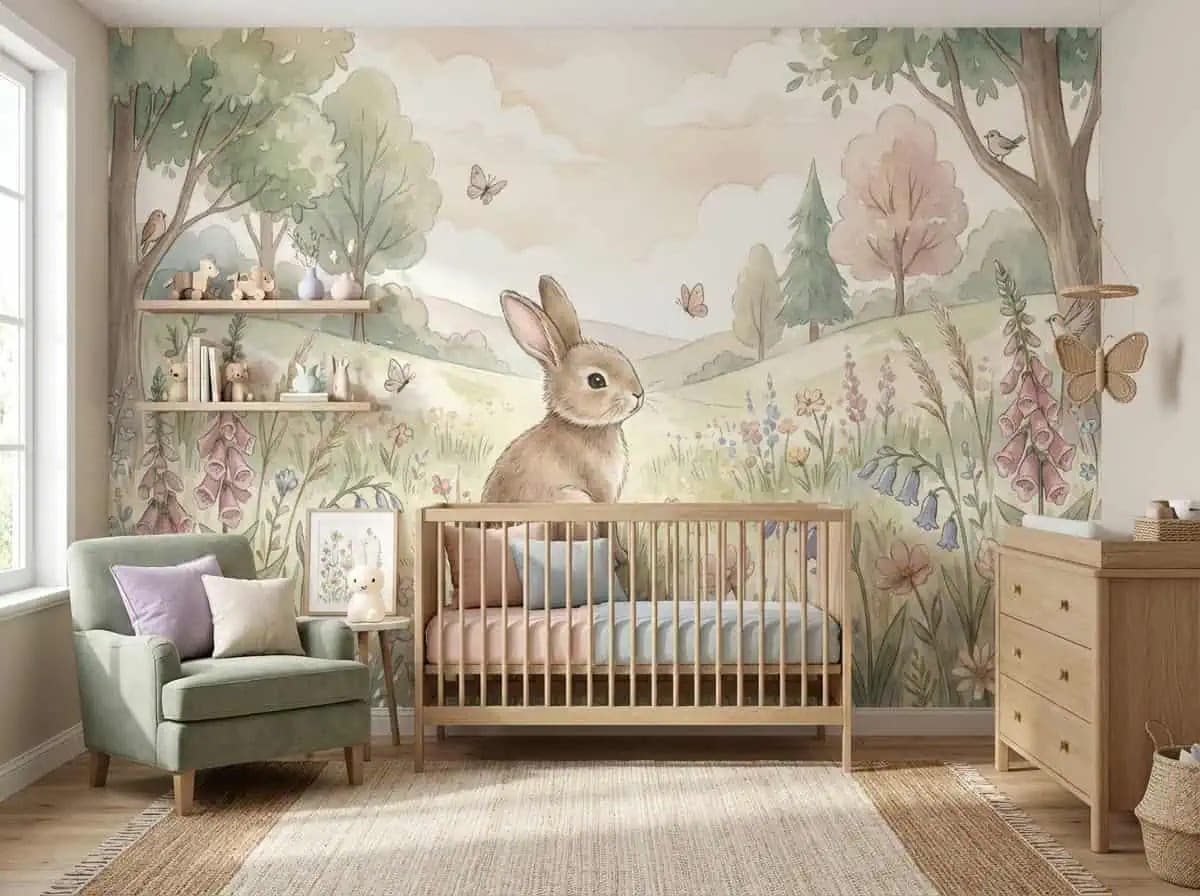 naadloos babykamer konijntje pastel bloemenweide behang op maat