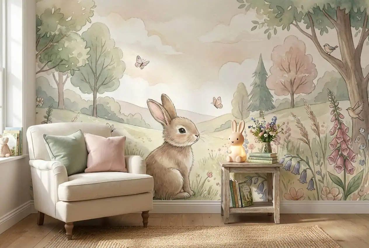 babykamer konijntje pastel bloemenweide behang — naadloos op maat geprint