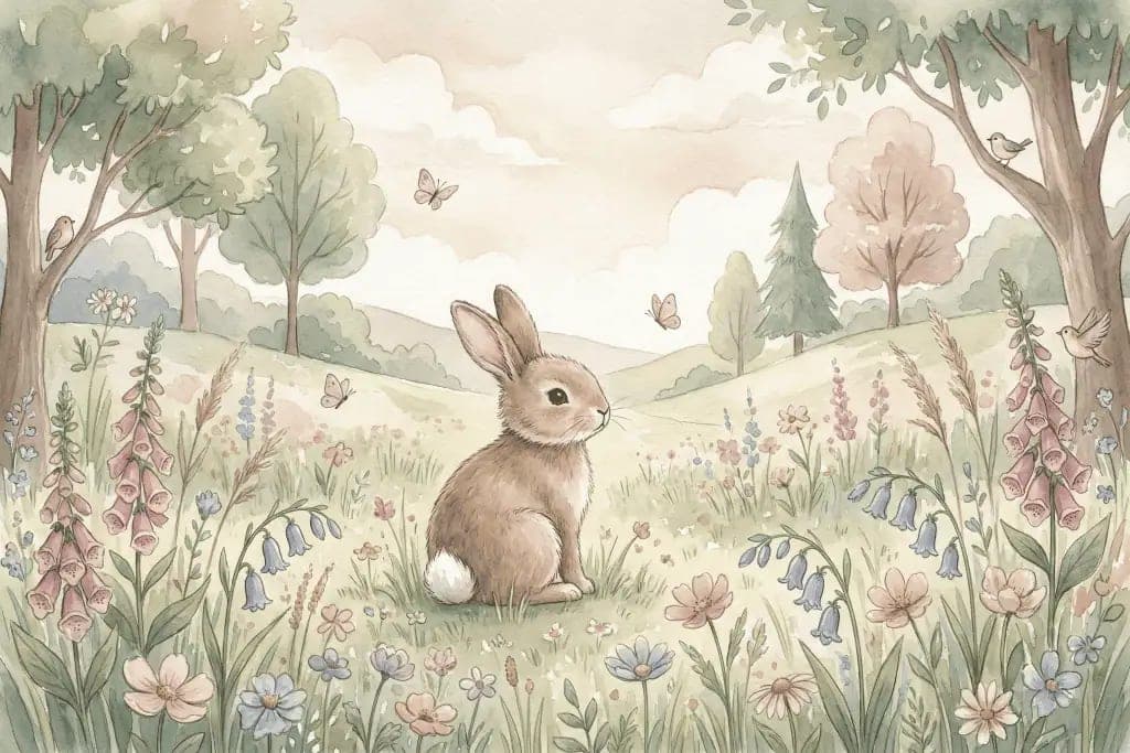 Fotobehang Babykamer met Konijntje in Pastel Bloemenweide