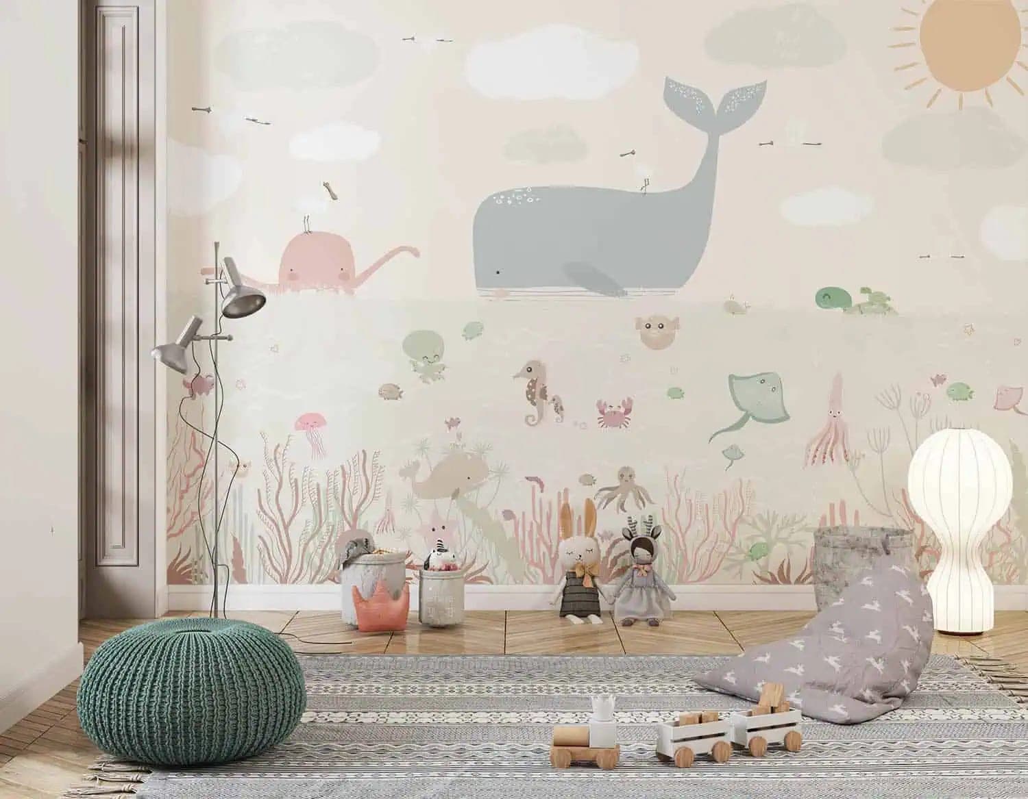 babykamer walvis en zeevriendjes pastel behang op maat