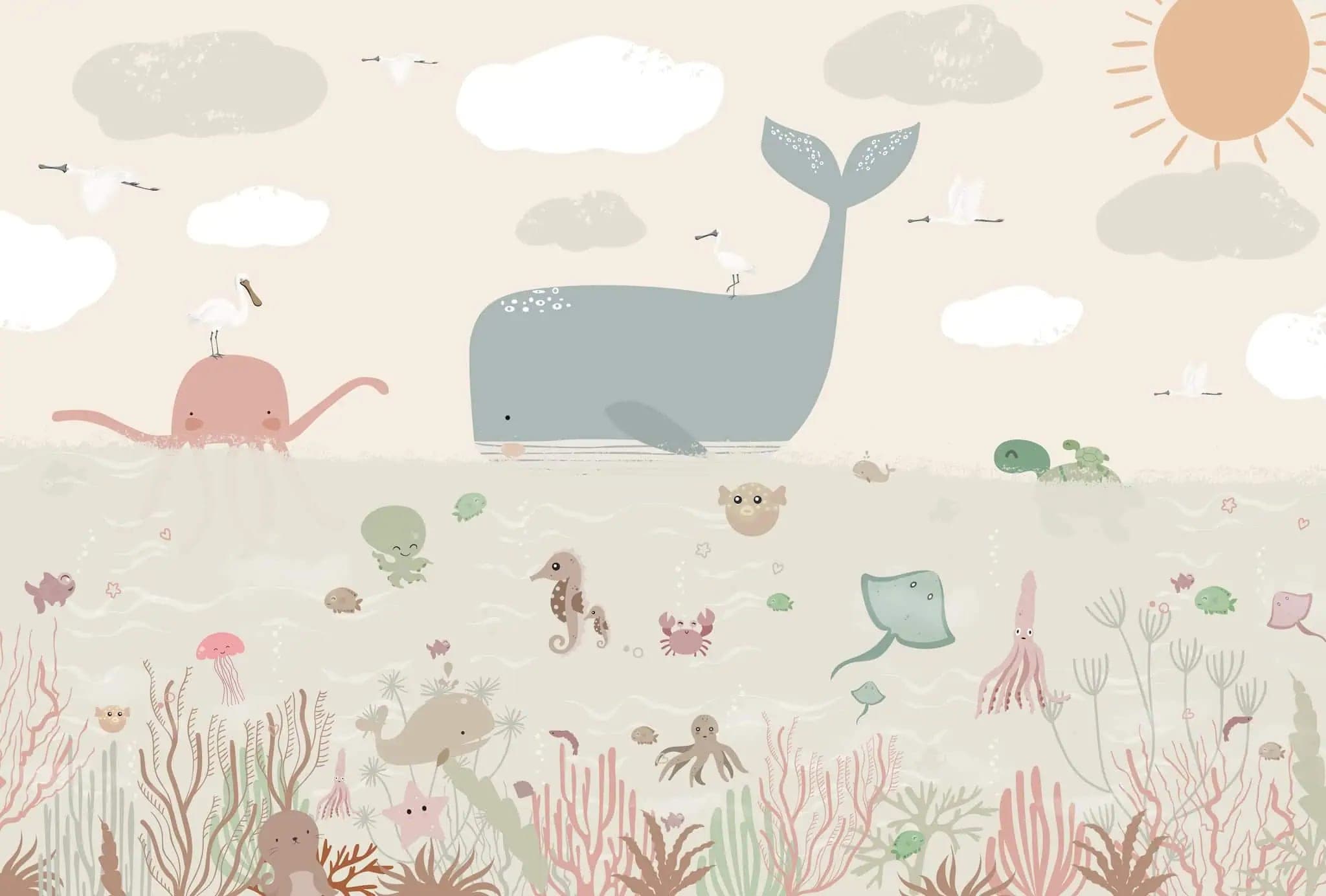 Fotobehang Babykamer met Walvis en Zeevriendjes in Pastel
