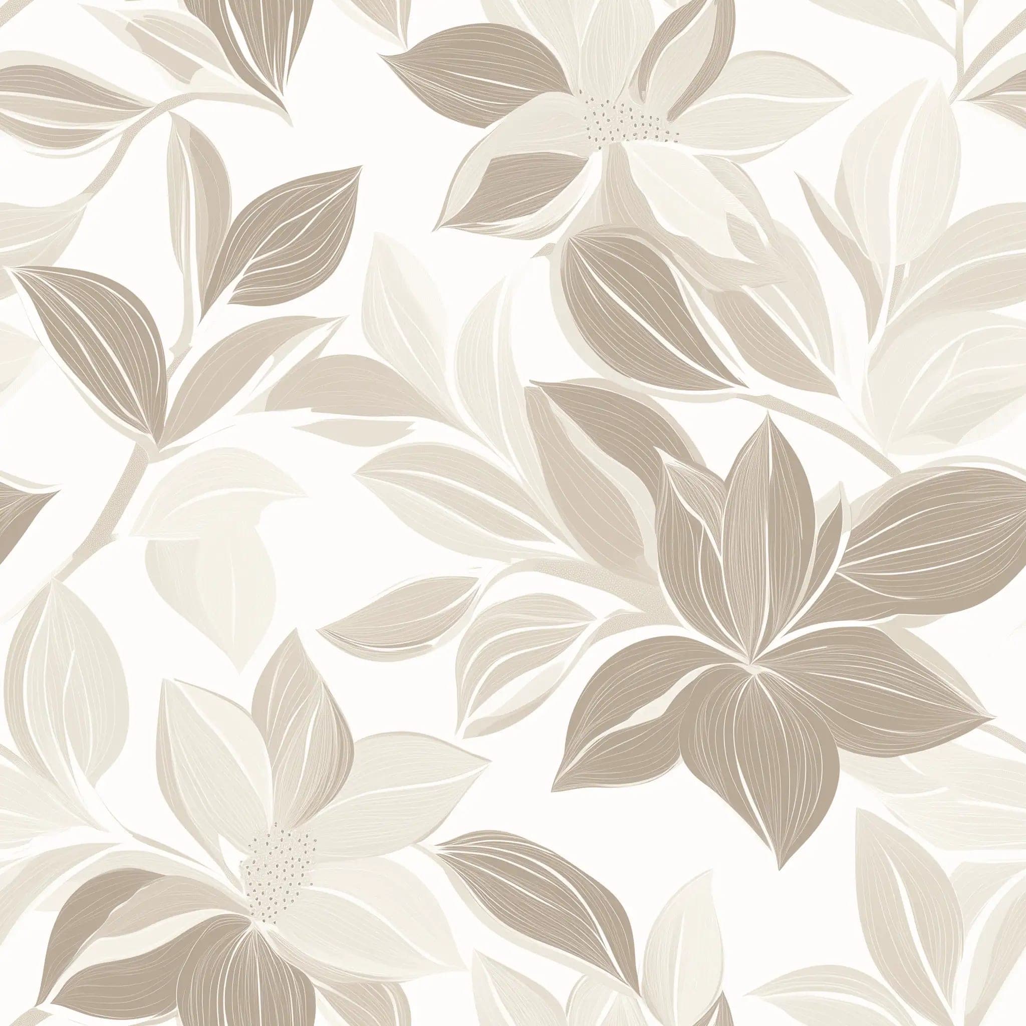 Beige Bloemen Behang met Grote Bladeren in Zachte Lijntjes